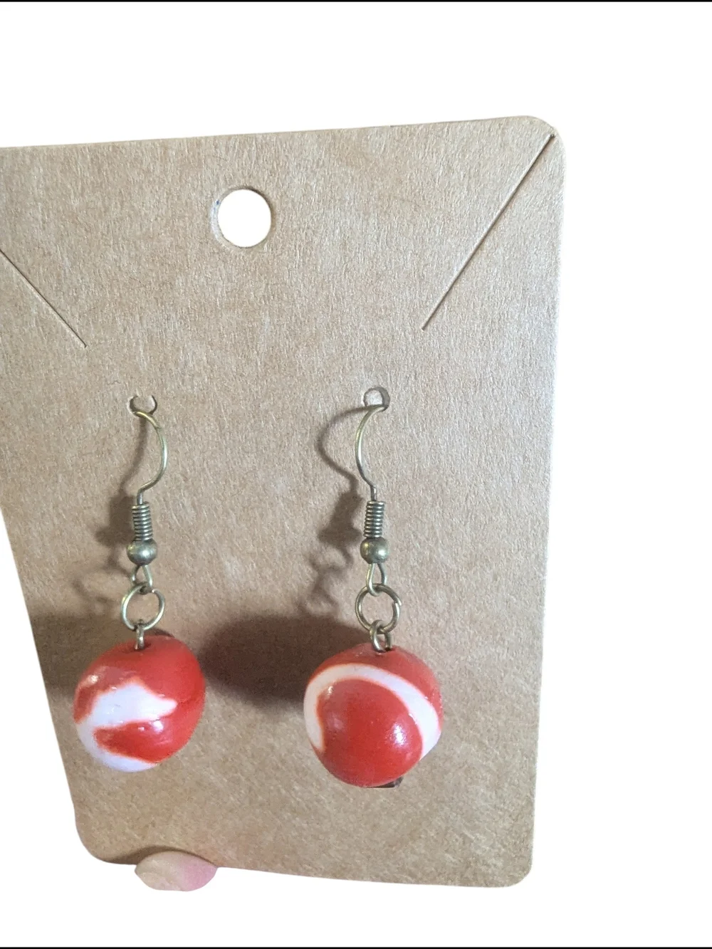 Handcrafted Red and White Swirl Bead Drop Earrings